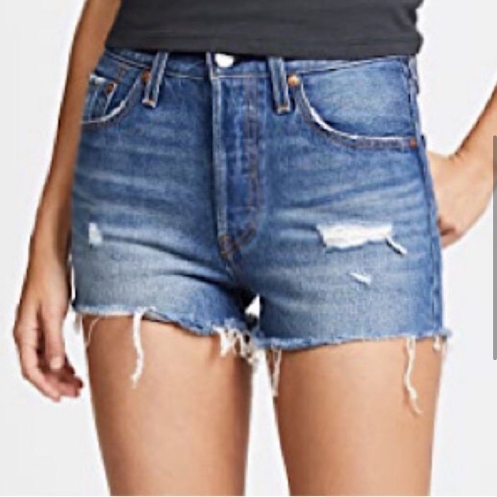 PAIGE Faded Blue Distressed Cutoff Denim Shorts